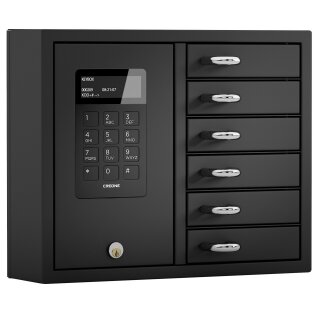 Schlüsselaufbewahrungsbox mit Display - 6 Schlüsselfächer einzeln protokollierbar
Edelstahl - Farbe: Schwarz - Abmaße: 280 x 350 x 93 mm (H x B x T)