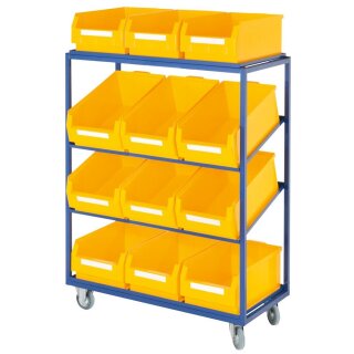 Beistell- und Kommissionierwagen, LxBxH 1015x485x1315 mm, 2/2 gerade/schräge Böden, 12 Kästen Gr. 1 gelb, Traglast 230 kg