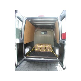 Sicherungsnetz aus Gurtband, LxB 2800x1400 mm, 6x12 Felder, 6 Losenden mit Karabinerhaken, Ratsche 750 daN, blau