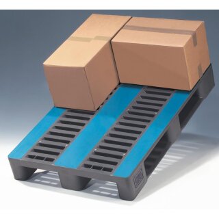 3-Kufen-Palette aus HDPE, rutschhemmende Oberfläche, Traglast stat./dynam. 7500/1500 kg, BxTxH 1200x800x160 mm, ohne Rand, Farbe grau/blau