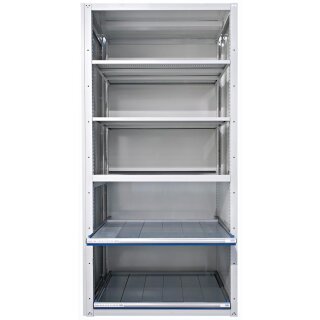 Schubladenregal, Grundfeld, 3 Universal-, 2 Verstell- und 2 Auszugböden, BxTxH 1117x706x2200 mm, RAL 7035/5012