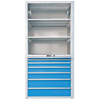 Schubladenregal, Grundfeld, 3 Universal-, 2 Verstellböden, 7 Schubladen, BxTxH 1117x706x2200 mm, RAL 7035/5012