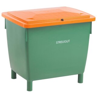 Universal- und Streugutbehälter aus HDPE, Korpus grün, Deckel orange, abschließbar, ohne Entnahmeöffnung, AuffangVol. 210 l, BxTxH 790x605x775 mm