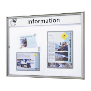 Schaukasten, BxTxH 380x27x500 mm, DIN A3 hoch, Aluprofile, ESG-Glas, Rückwand blau, inkl. 10 Magnete + 1 Einstecktasche