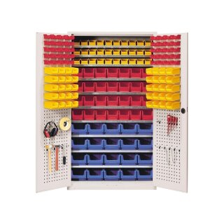 Großraumschrank, BxTxH 1100x530x1950 mm, 3 Schubladen, Kästen: 6xGr. 2z rot, 6xGr. 2z gelb, 6xGr. 2 blau, 3xGr. 2 grün, RAL 6011 resedagrün