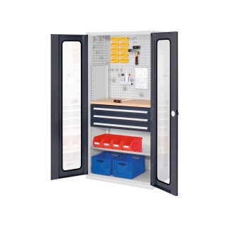 Werkzeugschrank, Türen mit Sichtfenster, 2 Schubl. + 3 Fachb., BxTxH 1000x600x1950 mm, RAL 7035
