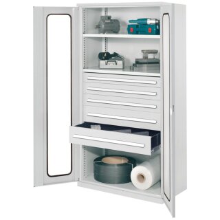 Schwerlastschrank, Sichtfenstertüren, 2 Fachböden, Schubl. 1x100, 2x125, 2x175 mm, BxTxH 1000x600x1950 mm, RAL 7035