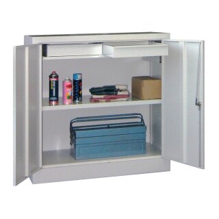 Werkzeugschrank, Vollblechtüren, 1 beschichteter Boden, 2 Schubladen 75 mm, BxTxH 1000x500x1000 mm, RAL 7035