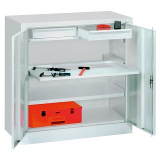 Werkzeugschrank, Vollblechtüren, 1 beschichteter Boden, 1 Auszugboden, 2 Schubl. 75 mm, BxTxH 1000x500x1000 mm, RAL 7035