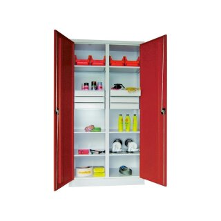 Werkzeugschrank, Vollblechtüren, einz. abschl.bar, Mitteltrennwand, 2 Böden, 2 Schubl. 75 mm, BxTxH 1000x500x1000 mm, RAL 7035/5010