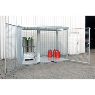 Gasflaschen-Depot, feuerverzinkt, mit Dach u. Gitterrostboden, Flügeltür, max. Kapazität 104 Flaschen, Durchm. 230 mm, BxTxH 3135x2170x2260 mm