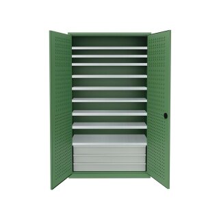 Großraumschrank, leer, BxTxH 1100x530x1950 mm, 9 Böden, RAL 6011 resedagrün, 3 Schubladen