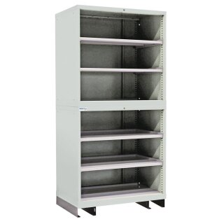 Schubladenregal, Grundfeld, 4 Verstellböden, Traglast je 200 kg, Sockel, BxTxH 1005x695x2100 mm, RAL 7035