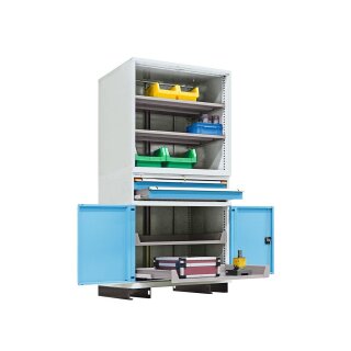 Schubladenregal, Grundfeld, je 2 Verstell-, Auszugböden, Schubladen, Türen, Traglast je 75 kg, Sockel, BxTxH 1005x695x2100 mm, RAL 7035/5012