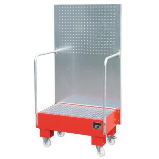 Auffangwanne mit Lochplatte, 3 mm Stahlblech, RAL 3000, fahrbar, für 2 St. 60-l-Fass, stehend Lagern, BxTxH 570x890x1685 mm, Auffangvol. 60 l