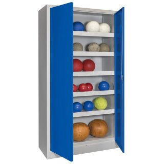 Ballschrank m. Vollblech Flügeltüren, BxTxH 1000x500x1950 mm, 5 lackierte Verstellböden mit Aufkantung, Schloss, RAL 7035/5010