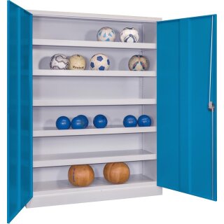 Ballschrank m. Lochblech Flügeltüren, BxTxH 1200x500x1950 mm, 5 lackierte Verstellböden mit Aufkantung, Schloss, RAL 7035/5012