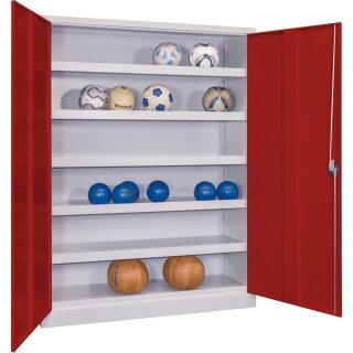 Ballschrank m. Lochblech Flügeltüren, BxTxH 1200x500x1950 mm, 5 lackierte Verstellböden mit Aufkantung, Schloss, RAL 7035/3003