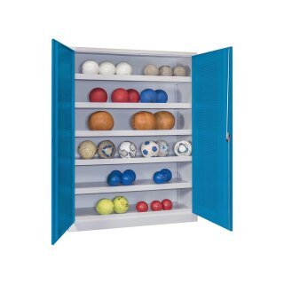 Ballschrank m. Lochblech Flügeltüren, BxTxH 1500x500x1950 mm, 5 lackierte Verstellböden mit Aufkantung, Schloss, RAL 7035/5012
