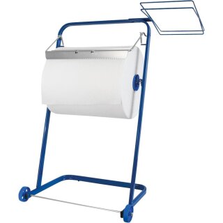 Bodenständer für Putztuchrollen bis 400 mm breite, mit Abfallsackhalterung, Metall, blau, BxTxH 400x 440x900 mm