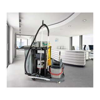 Servicewagen, 2xEimer 17 l,  Mopppresse, 4xEimer 4 l, Ablage für Mopp u. Besen, Wäsche-/ Müllsack mit Reißverschluss