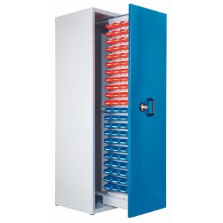 Vertikalauszugschränke mit Schlitzplatten, BxTxH 590x600x2000 mm, RAL 7035 / RAL 5010,  inkl. Sichtlagerkästen (88 Stück Größe 8)