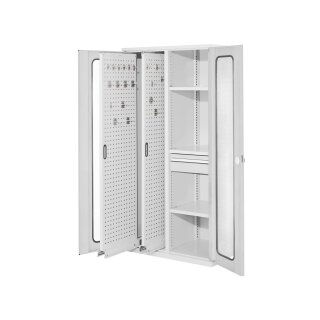 Schwerlastschrank, Sichtfenstertüren, 2 Vertikalauszüge, 3 Fachböden, 1 Schubl. BxTxH 1000x600x1950 mm, RAL 7035