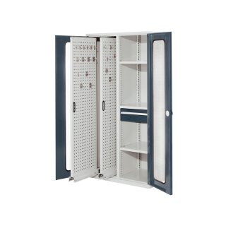 Schwerlastschrank, Sichtfenstertüren, 2 Vertikalauszüge, 3 Fachböden, 1 Schubl. BxTxH 1000x600x1950 mm, RAL 7035 / RAL 7016
