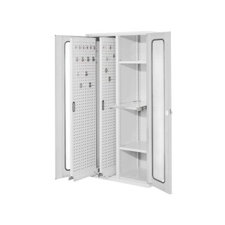 Schwerlastschrank, Sichtfenstertüren, 2 Vertikalauszüge, 2 Fachböden, 1 Auszugsb. BxTxH 1000x600x1950 mm, RAL 7035
