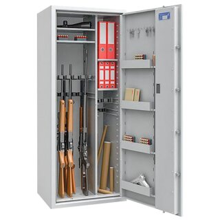 Waffenschrank, Sicherheitsstufe Kl. 0, BxTxH 350x350x1500 mm, 1 Fachboden 5 Waffenhalter, RAL 7035 lichtgrau