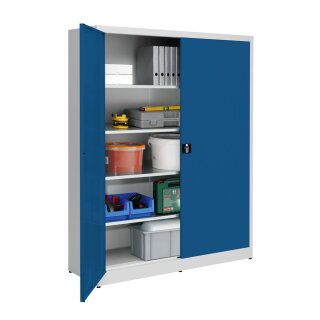 Flügeltürenschrank, 4 verz. Fachböden, BxTxH 1500x600x1965 mm, RAL7035 lichtgrau/RAL5010 enzianblau