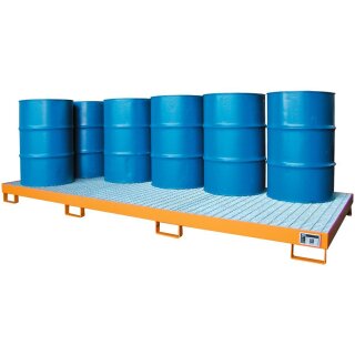 Auffangwanne aus 3 mm Stahlblech, RAL 2000, für 10 Stück 200-l-Fass, stehende Lagerung, 240 l, BxTxH 3250x1300x195 mm, mit Gitterrost verz.