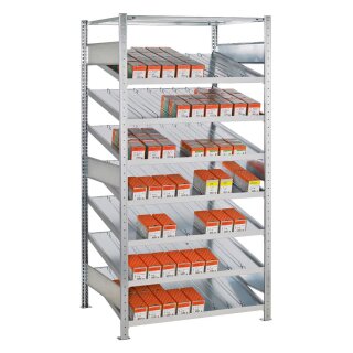Kanban-Regal, Grundfeld, einseitig, BxTxH 1000x600x2000 mm, 7 Schrägböden mit je 5 Trennführungen, 2 Seitenführungen, 1 Abdeckboden, verzinkt